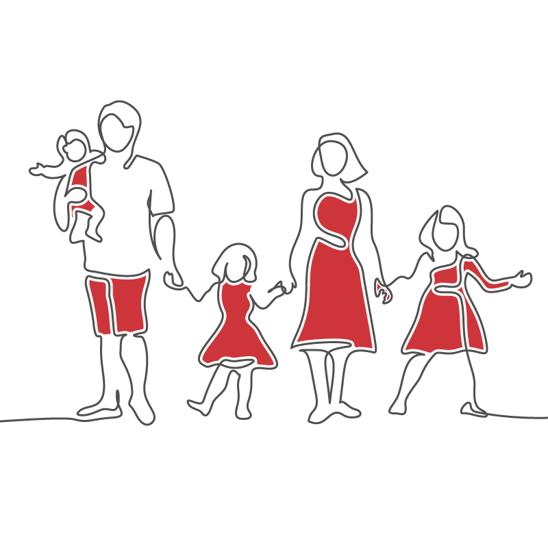 家族みんなが赤いものを身につけているイラスト
