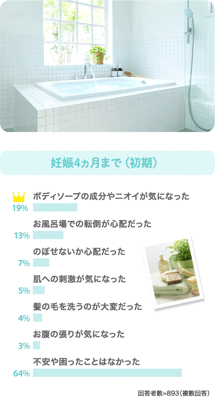 妊娠4ヵ月まで（初期） 19% ボディソープの成分やニオイが気になった 13% お風呂場での転倒が心配だった…