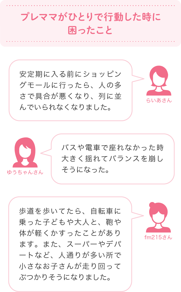 プレママがひとりで行動した時に困ったこと 安定期に入る前にショッピングモールに行ったら、人の多さで具合が悪くなり、列に並んでいられなくなりました。…