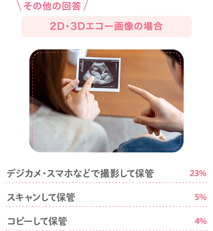 その他の回答：2D・3Dエコー画像の場合・・・デジカメ・スマホなどで撮影して保管23％