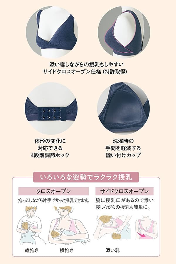 添い寝をしながらの授乳もしやすいサイドクロスオープン仕様（特許取得）。体型の変化に対応できる4段階調整ホック。洗濯時の手間を軽減する縫い付けカップ。